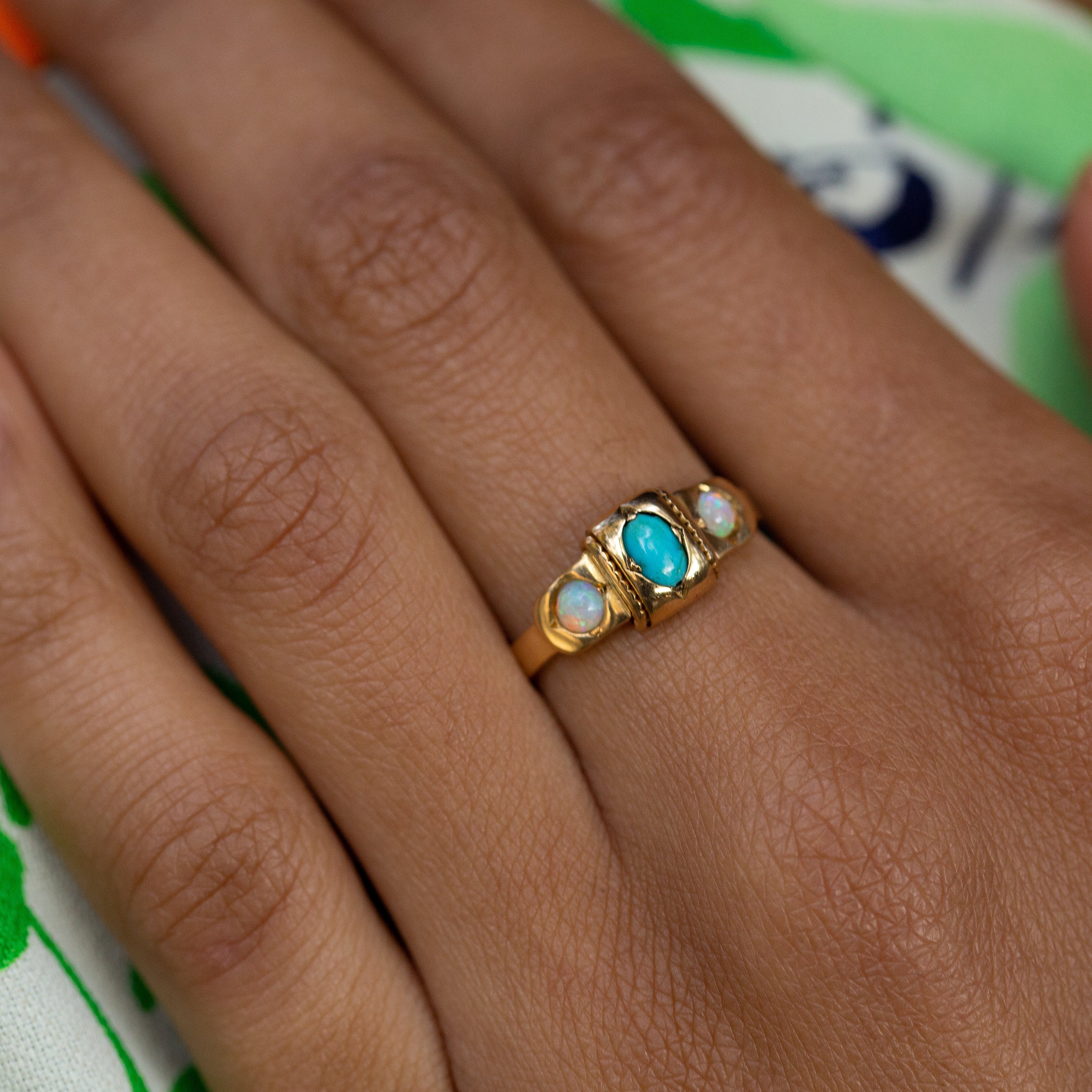 English Turquoise, Opal, and 18k Gold Gypsy Ring