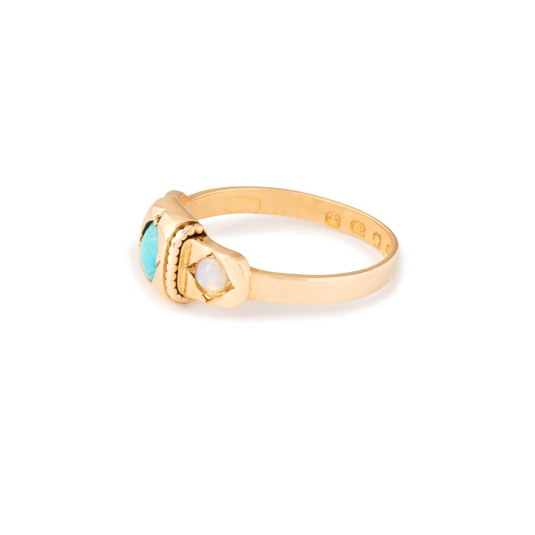 English Turquoise, Opal, and 18k Gold Gypsy Ring