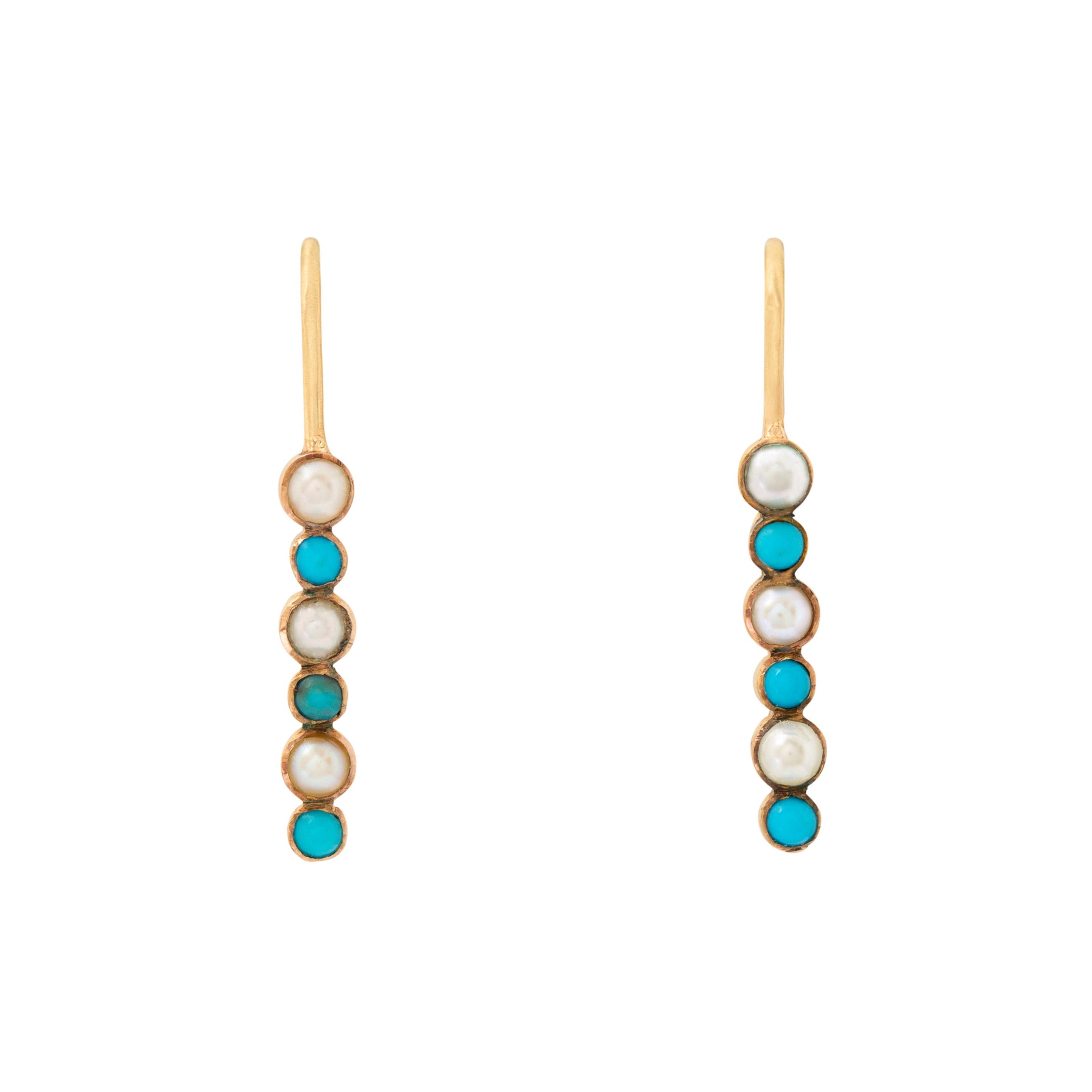 Victorian Turquoise, Pearl, and 9k Gold Drop Earrings