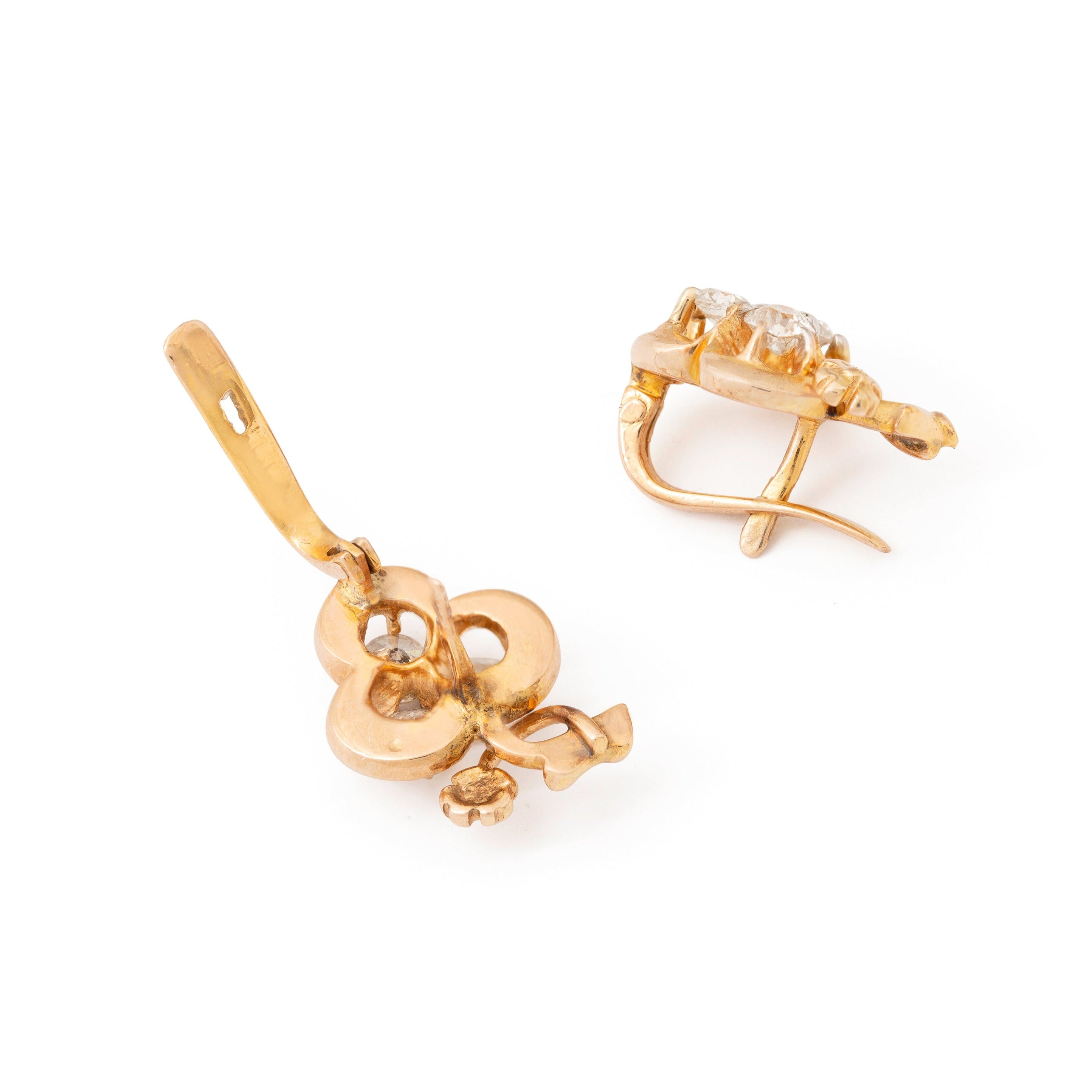 Victorian Diamond and 14k Gold Clover Earrings
