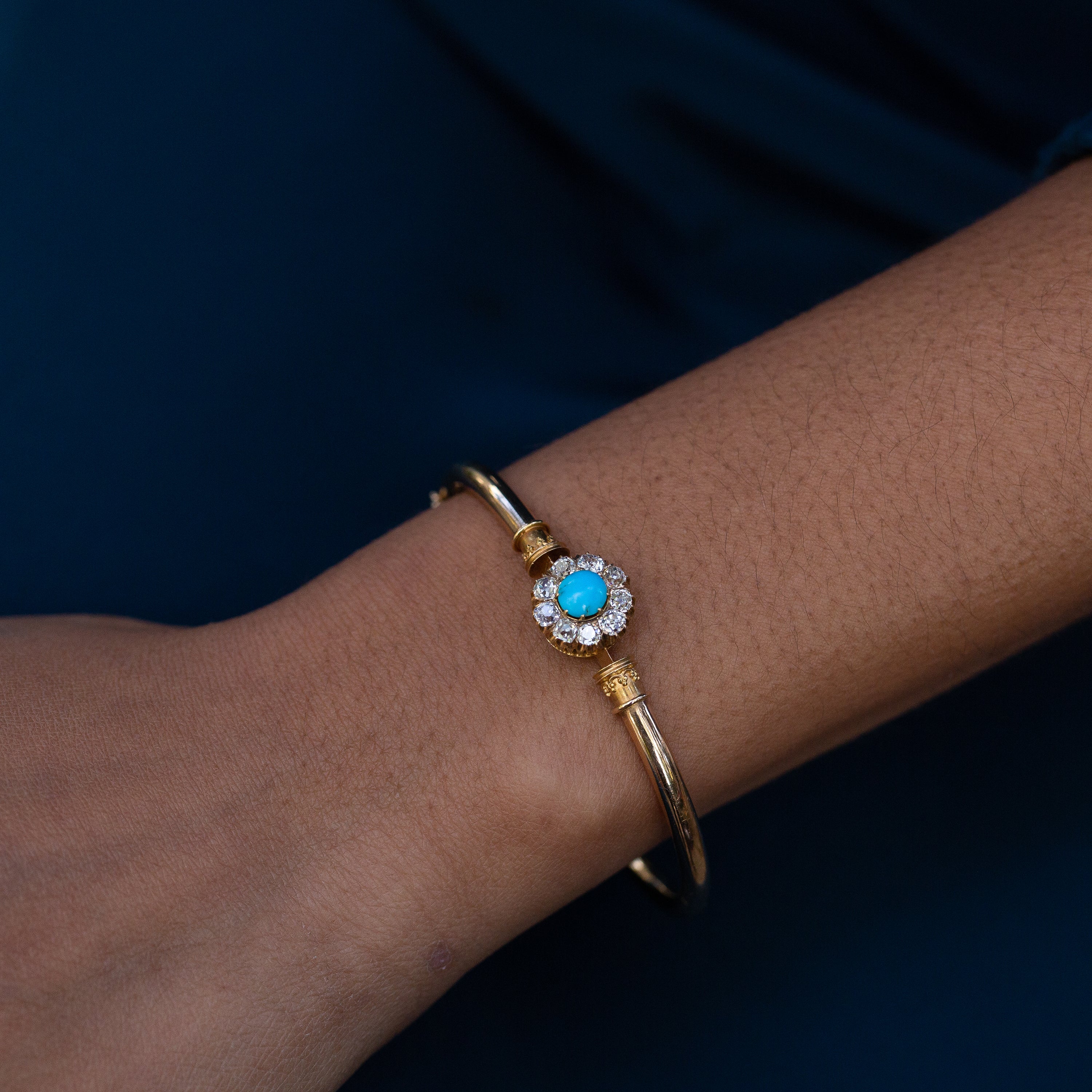 Victorian Turquoise, Diamond, and 14k Gold Bangle Bracelet
