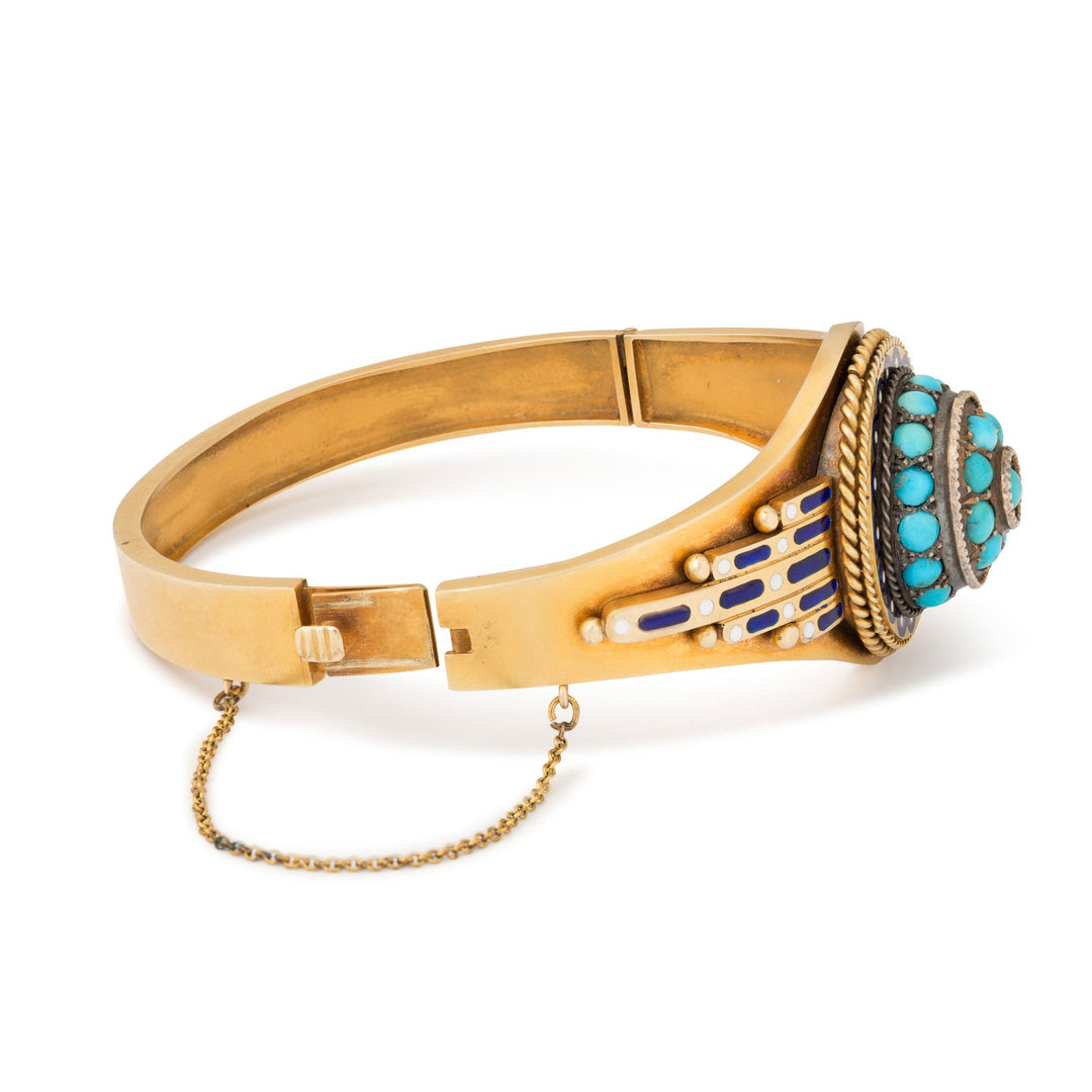 Victorian Turquoise, Enamel, and 14k Gold Bangle Bracelet