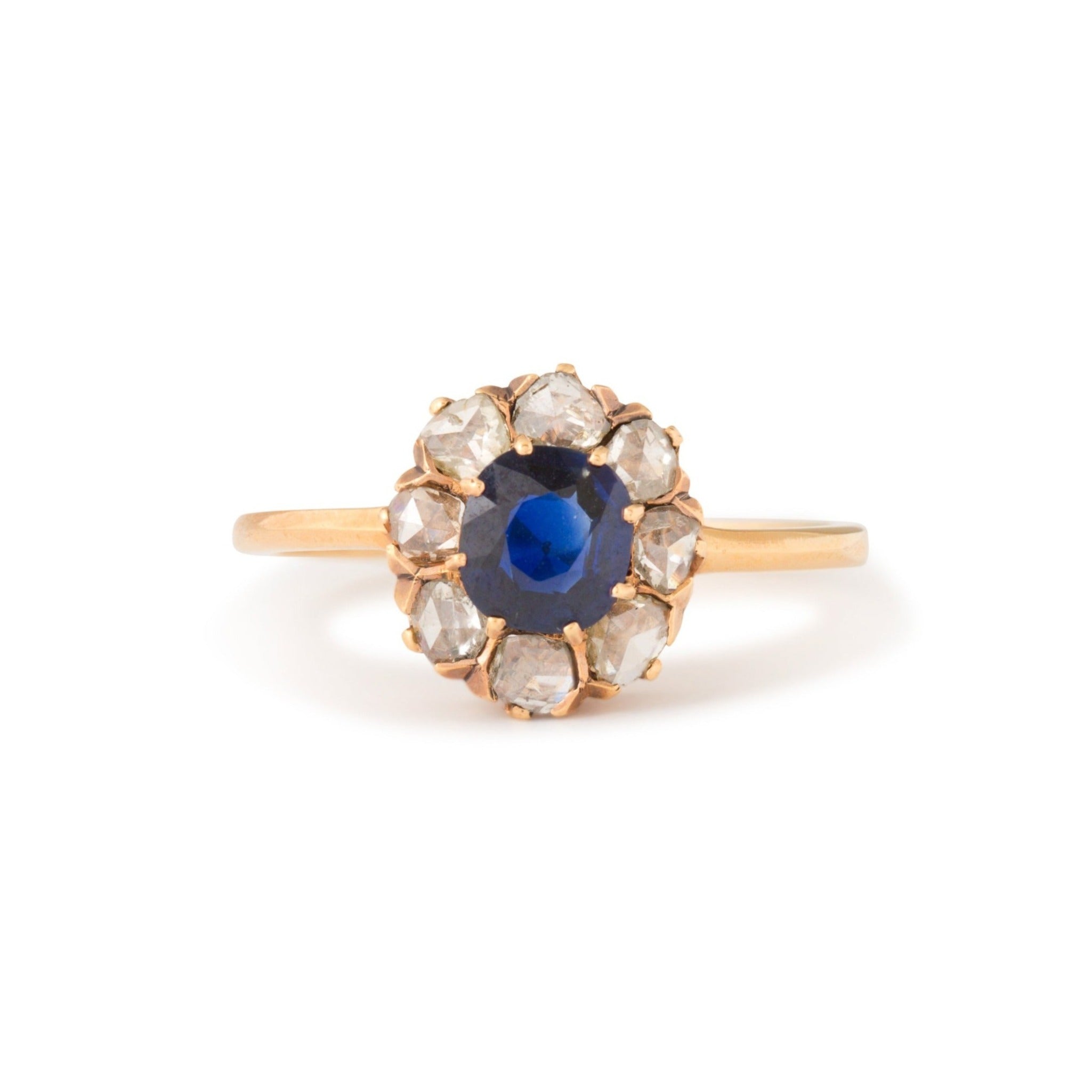 Victorian Sapphire and Diamond Cluster 14k Gold Ring