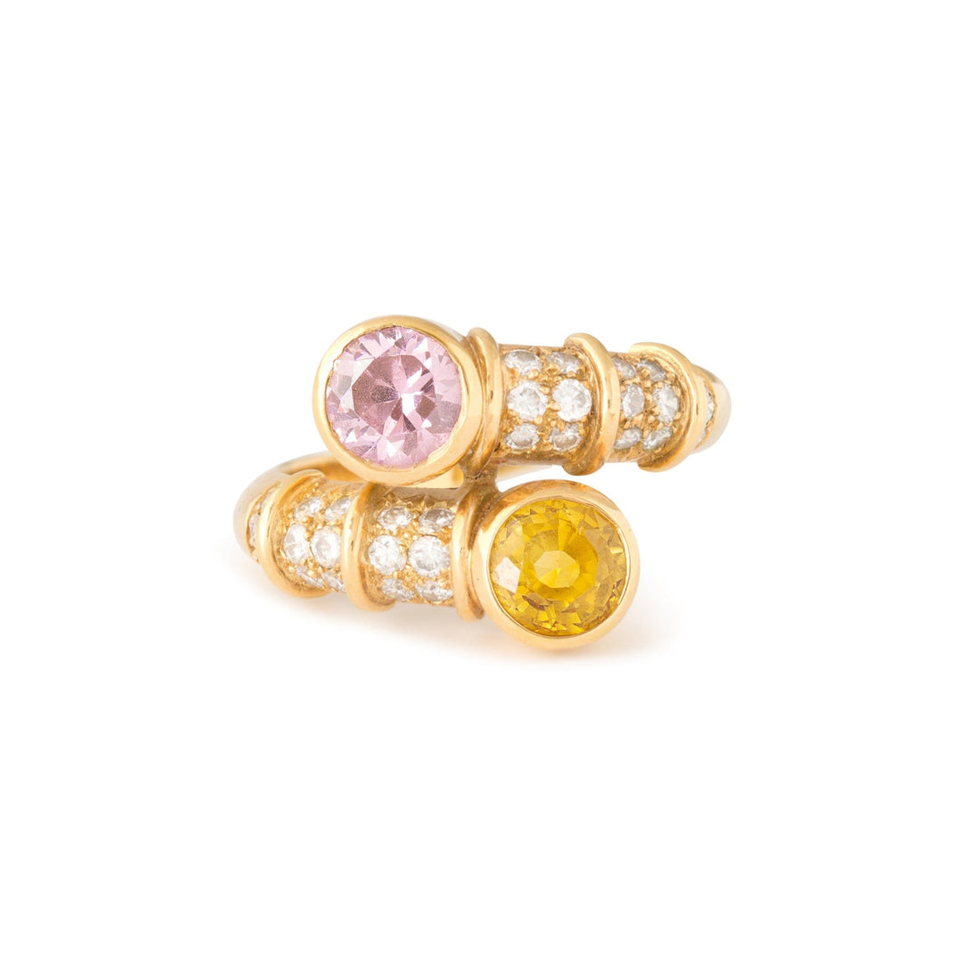 French Pink and Yellow Sapphire, Diamond, and 18k Gold Bypass Ring