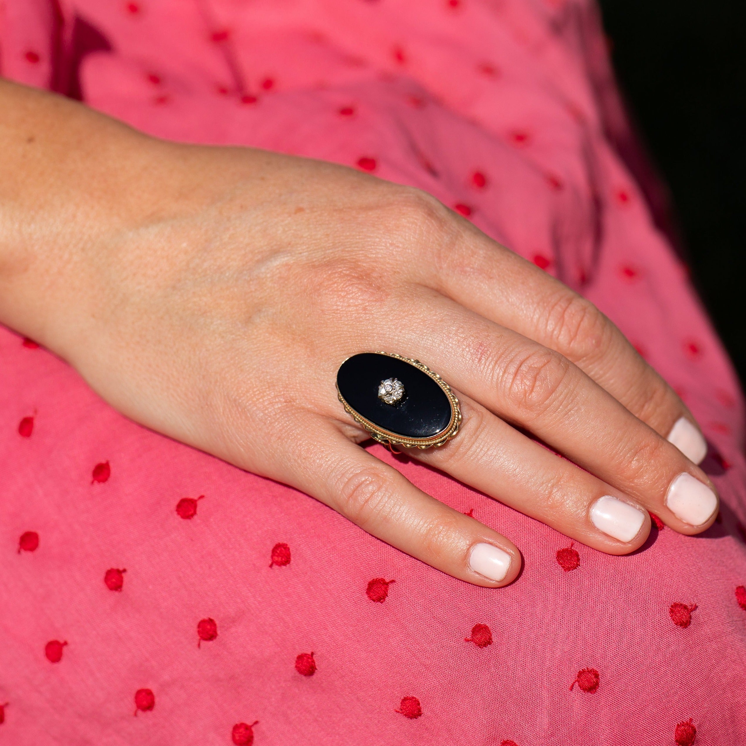 Large Onyx, Diamond, and 14k Gold Ring