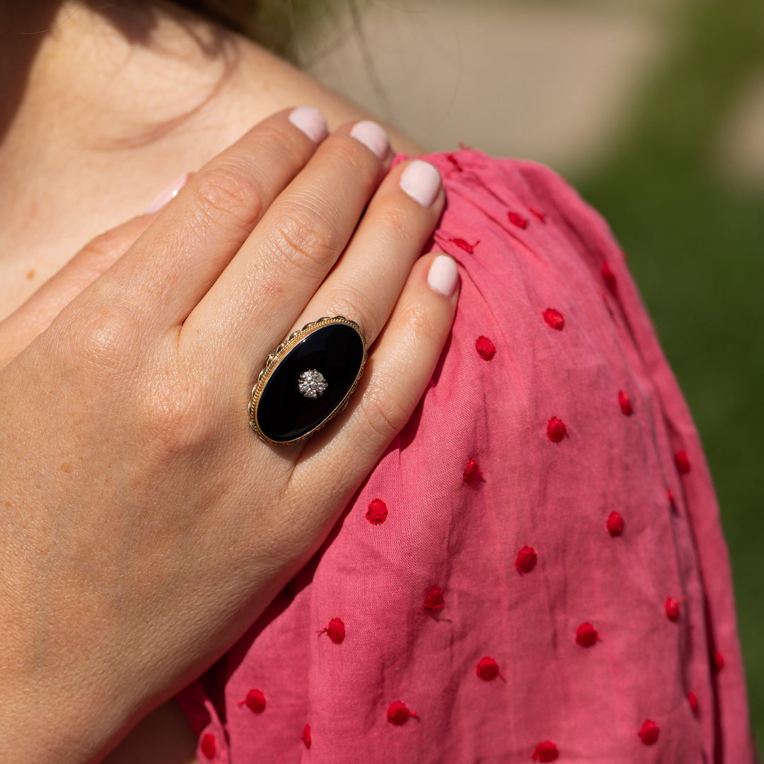 Large Onyx, Diamond, and 14k Gold Ring