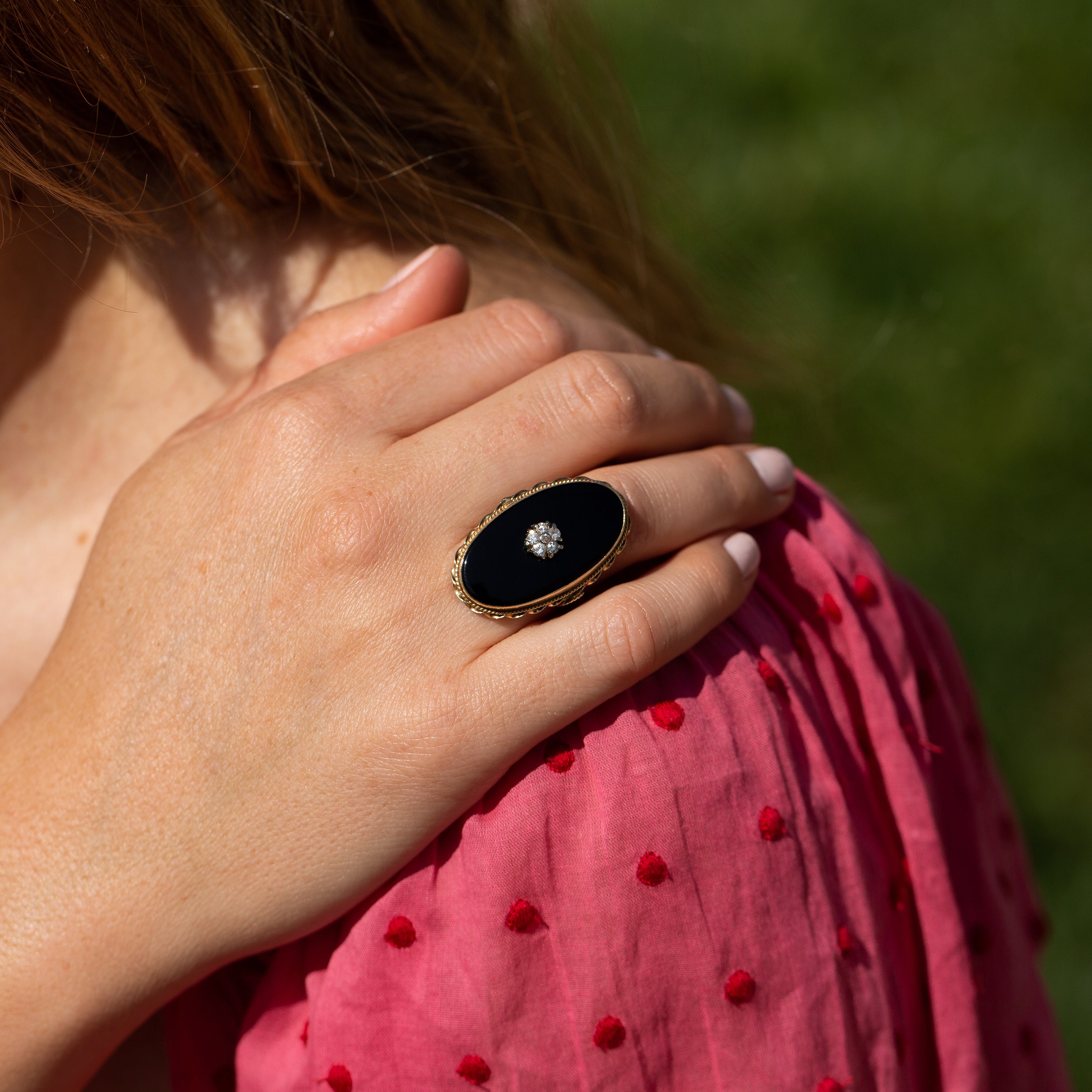 Large Onyx, Diamond, and 14k Gold Ring