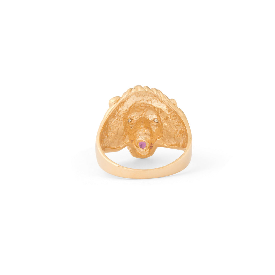 Lion's Head Diamond, Garnet, and 14k Gold Ring