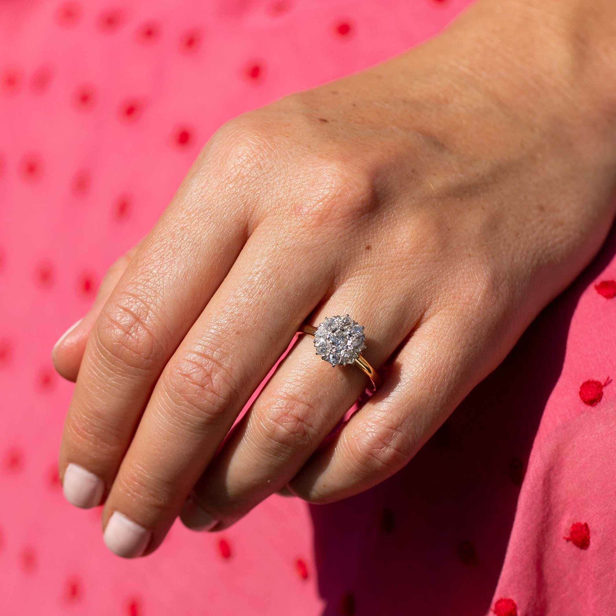 Victorian Old Mine Cut Diamond, Platinum, and 14k Gold Cluster Ring