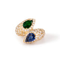 Emerald, Sapphire, Pave Diamonds, and 18k Gold Bypass Ring