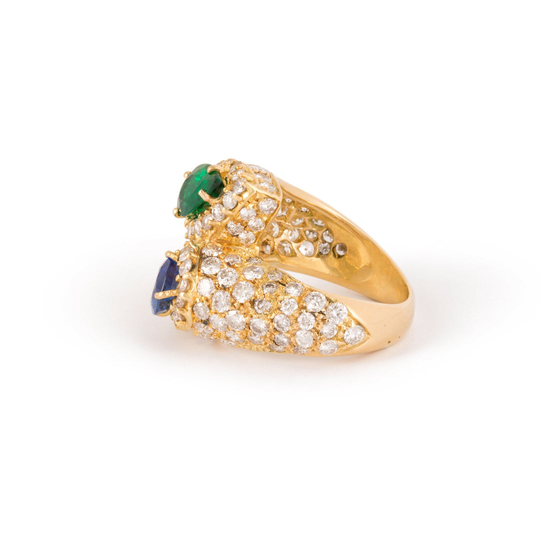Emerald, Sapphire, Pave Diamonds, and 18k Gold Bypass Ring