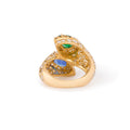 Emerald, Sapphire, Pave Diamonds, and 18k Gold Bypass Ring
