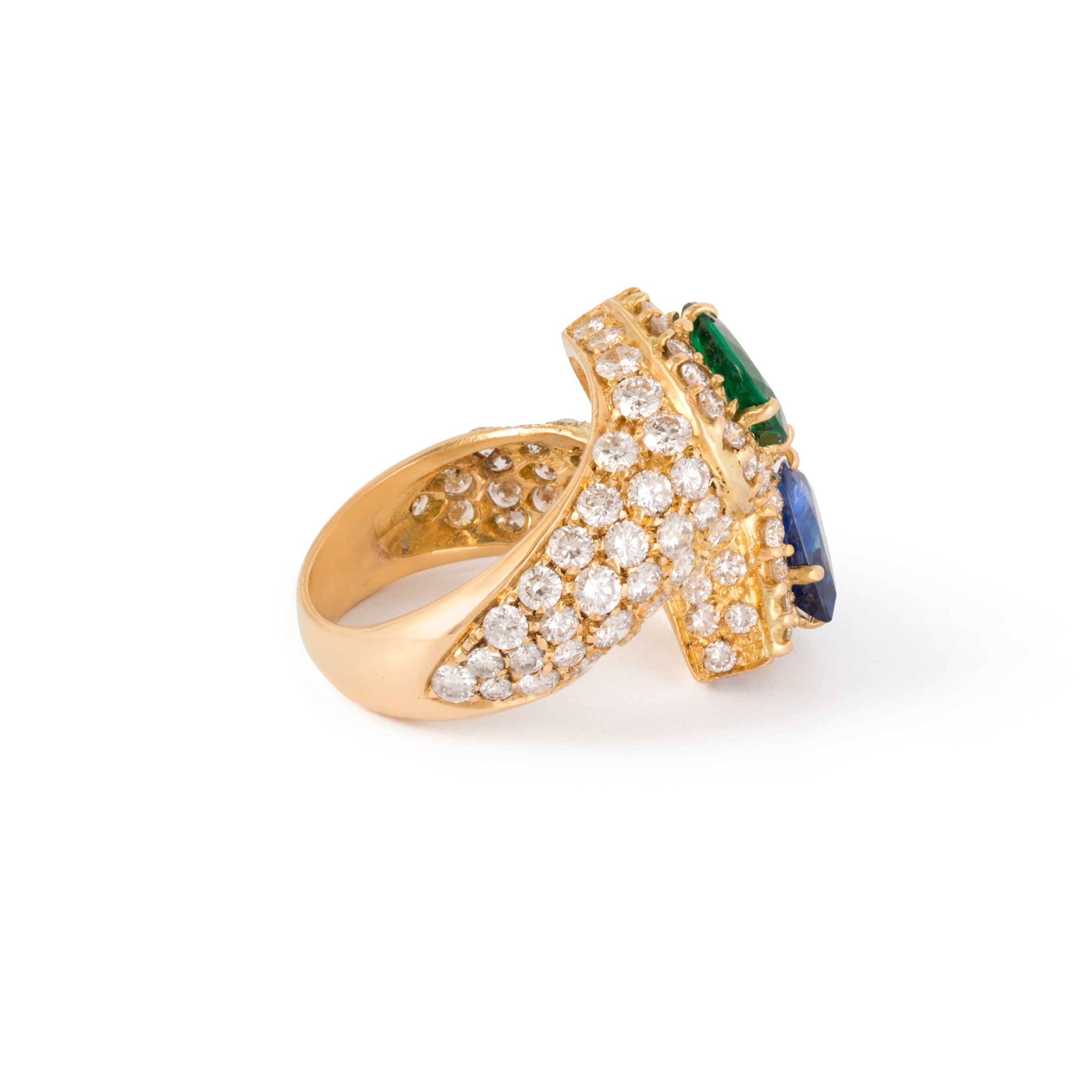 Emerald, Sapphire, Pave Diamonds, and 18k Gold Bypass Ring