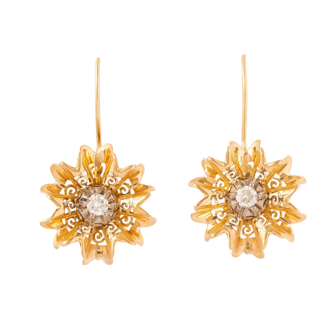 Long Diamond and 18k Gold Flower Earrings