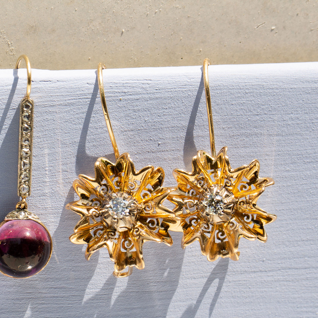 Long Diamond and 18k Gold Flower Earrings