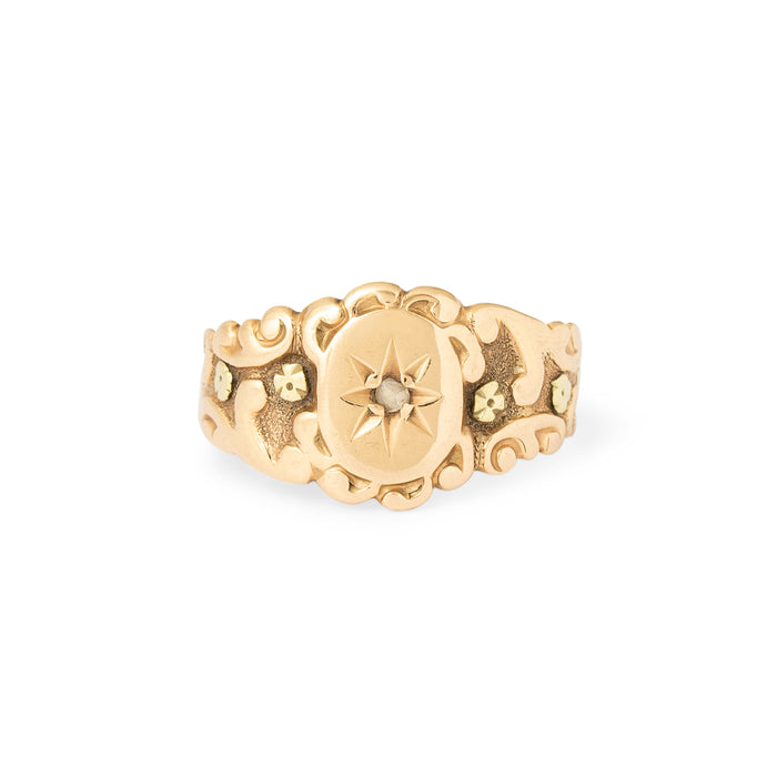 Victorian Starburst Diamond and 14k Gold Signet Ring
