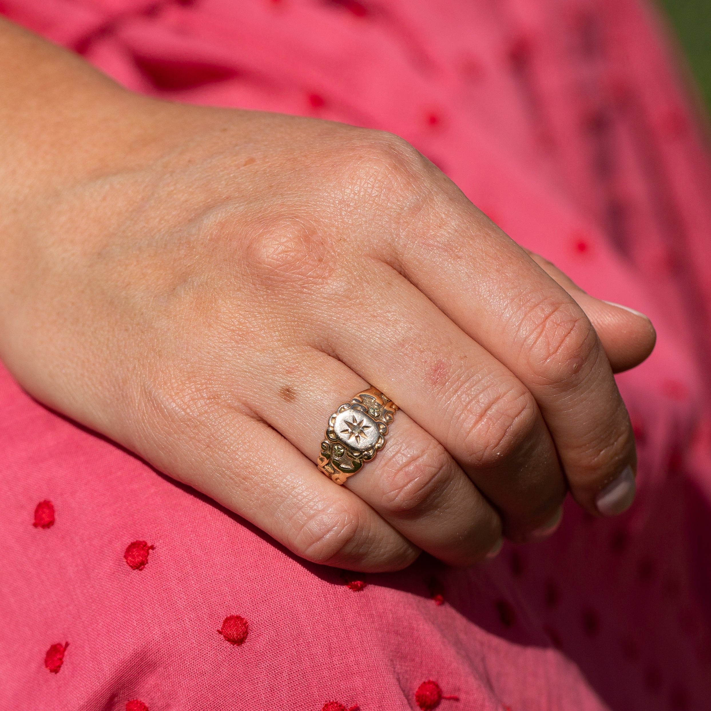 Victorian Starburst Diamond and 14k Gold Signet Ring