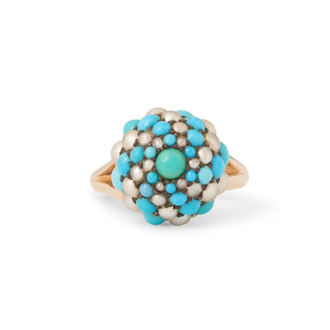 Turquoise, Pearl, Silver, and 14k Gold Cluster Ring