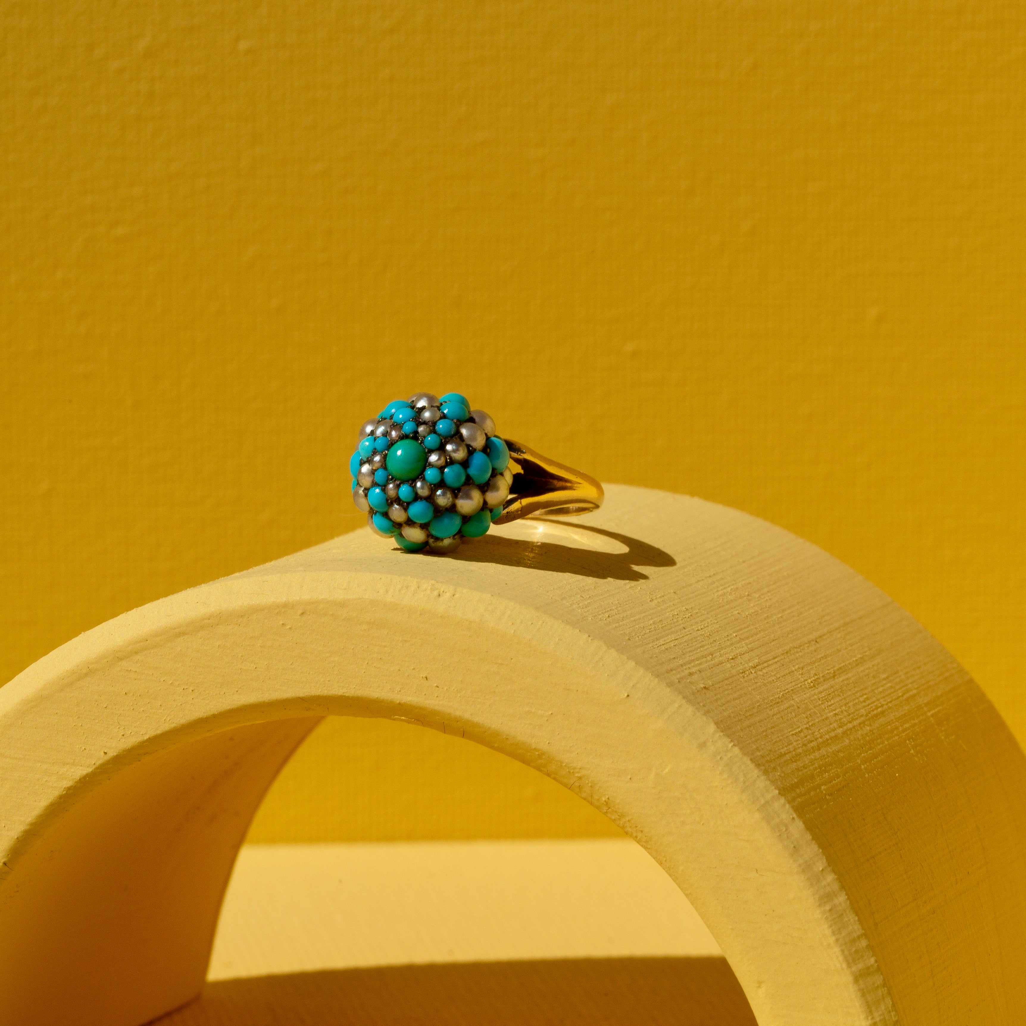 Turquoise, Pearl, Silver, and 14k Gold Cluster Ring