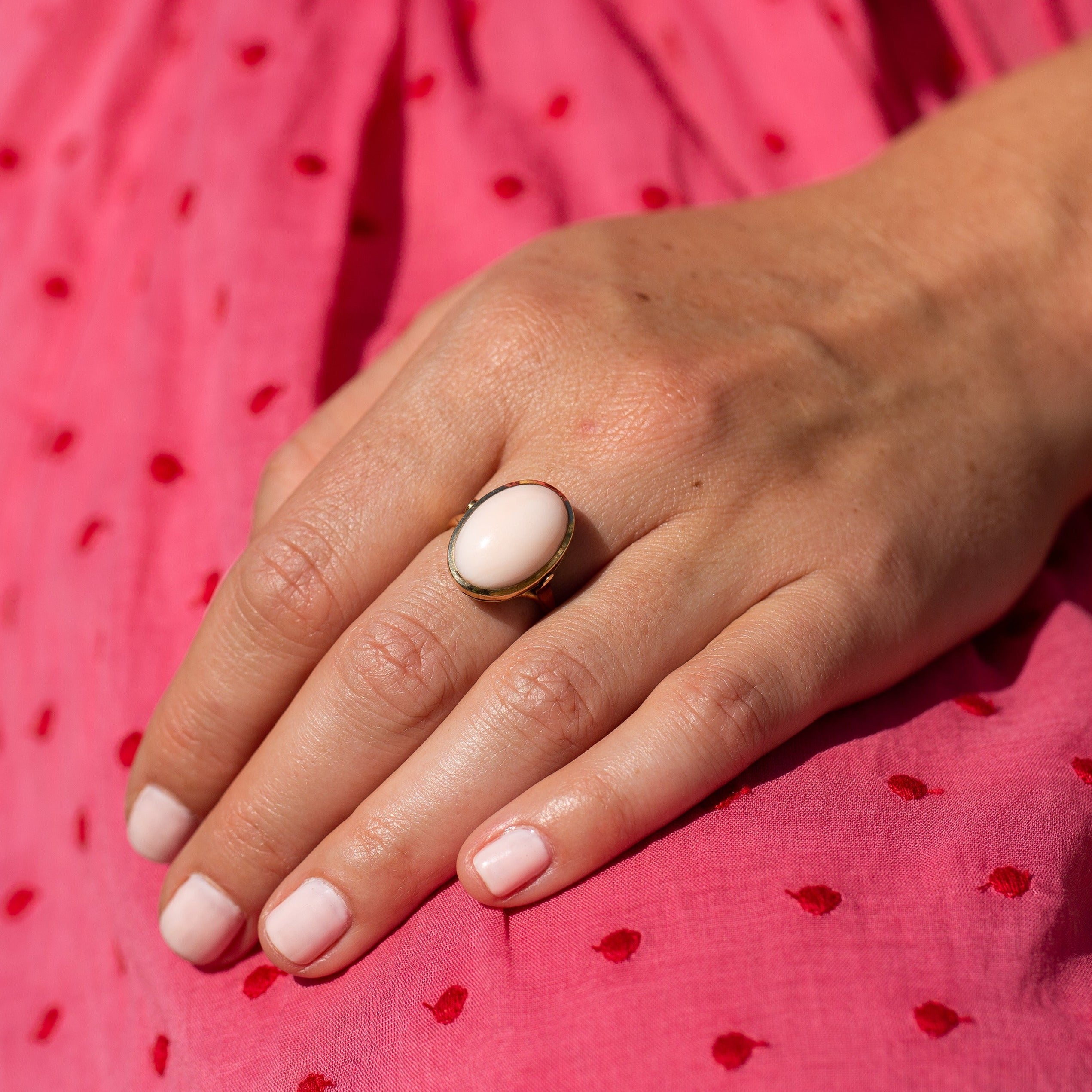 Angel Skin Coral and 14k Gold Ring