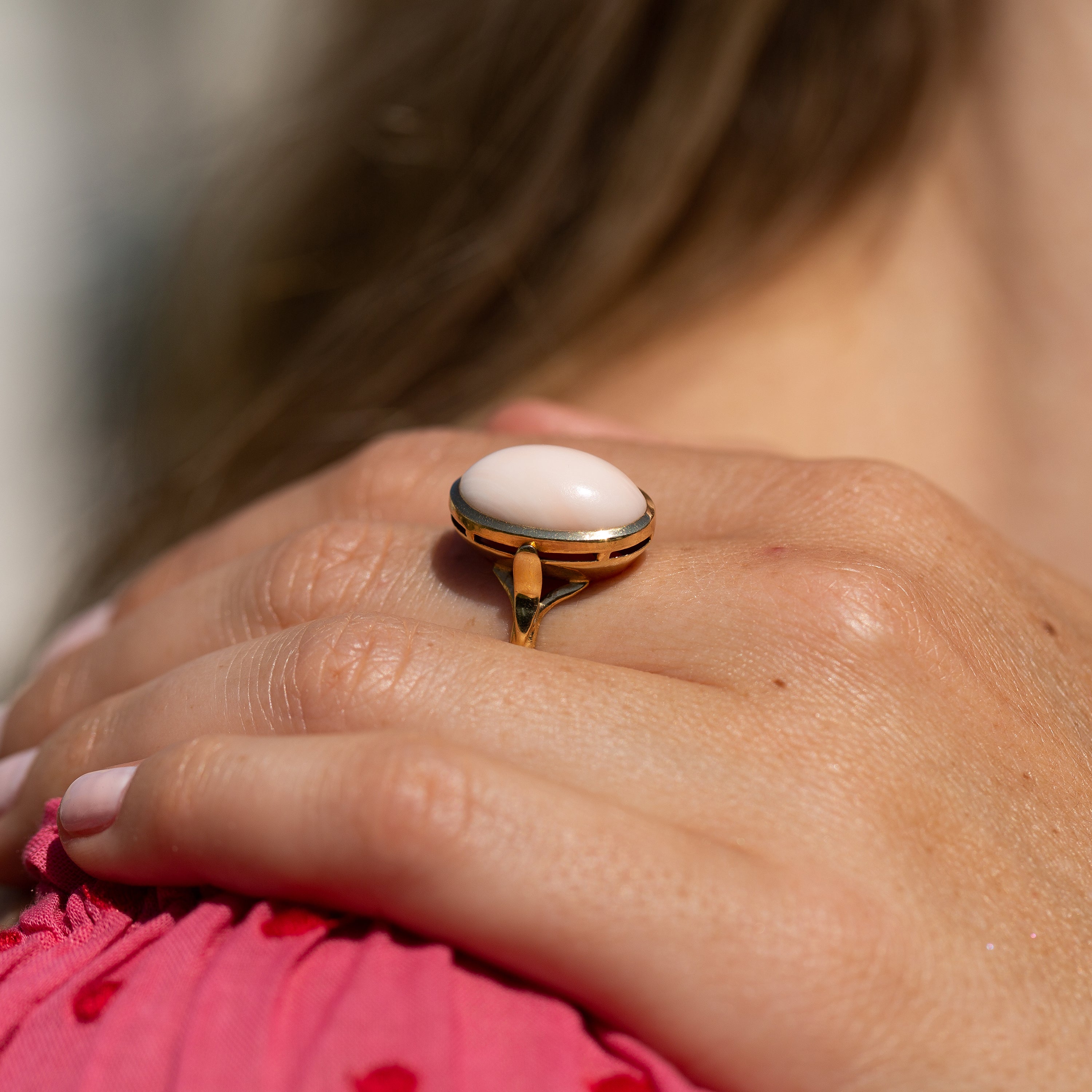 Angel Skin Coral and 14k Gold Ring