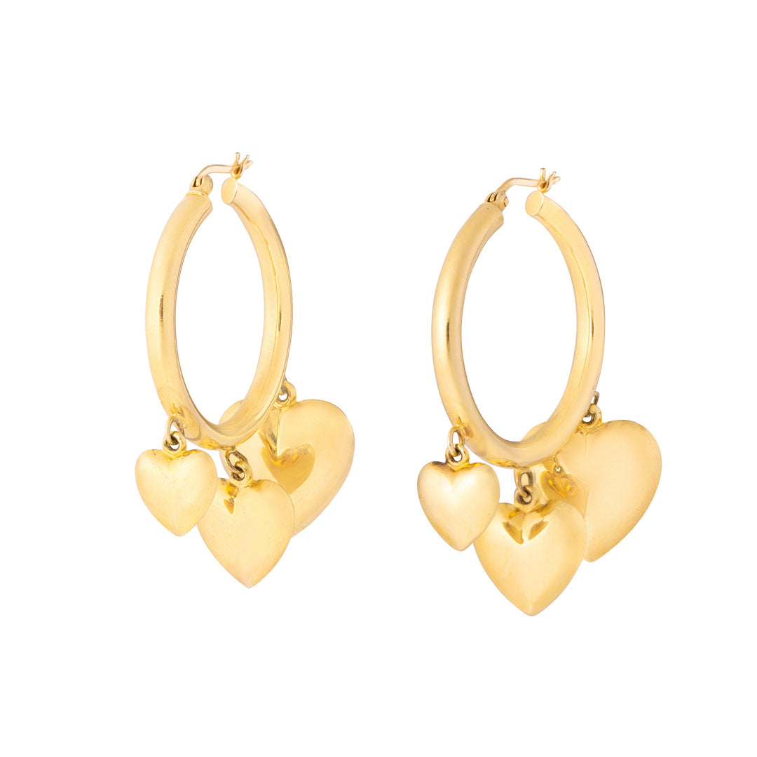 Triple Heart Charm 14k Gold Hoop Earrings