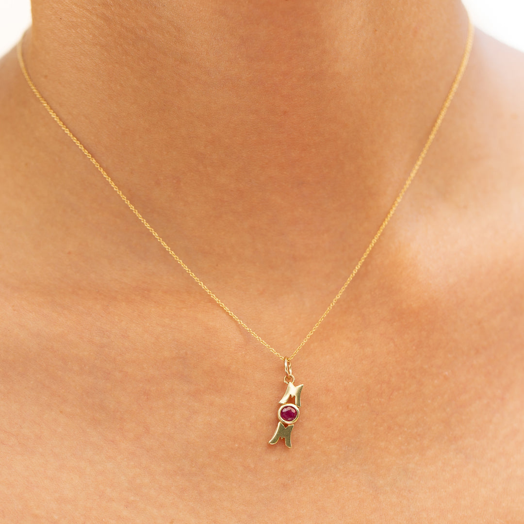"MOM" 10k Gold and Synthetic Ruby Charm