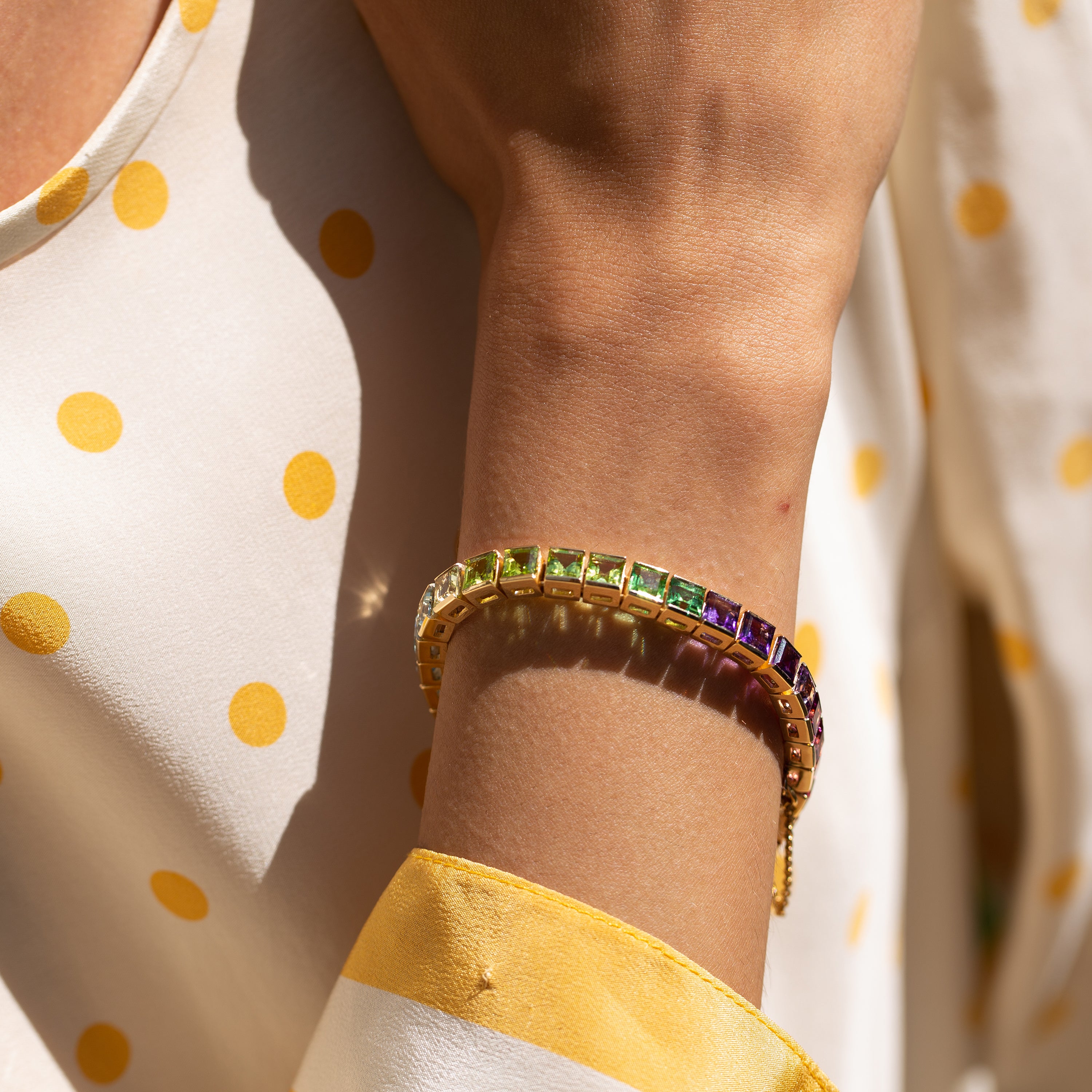 Rainbow Multi Stone and 18K Gold Line Bracelet