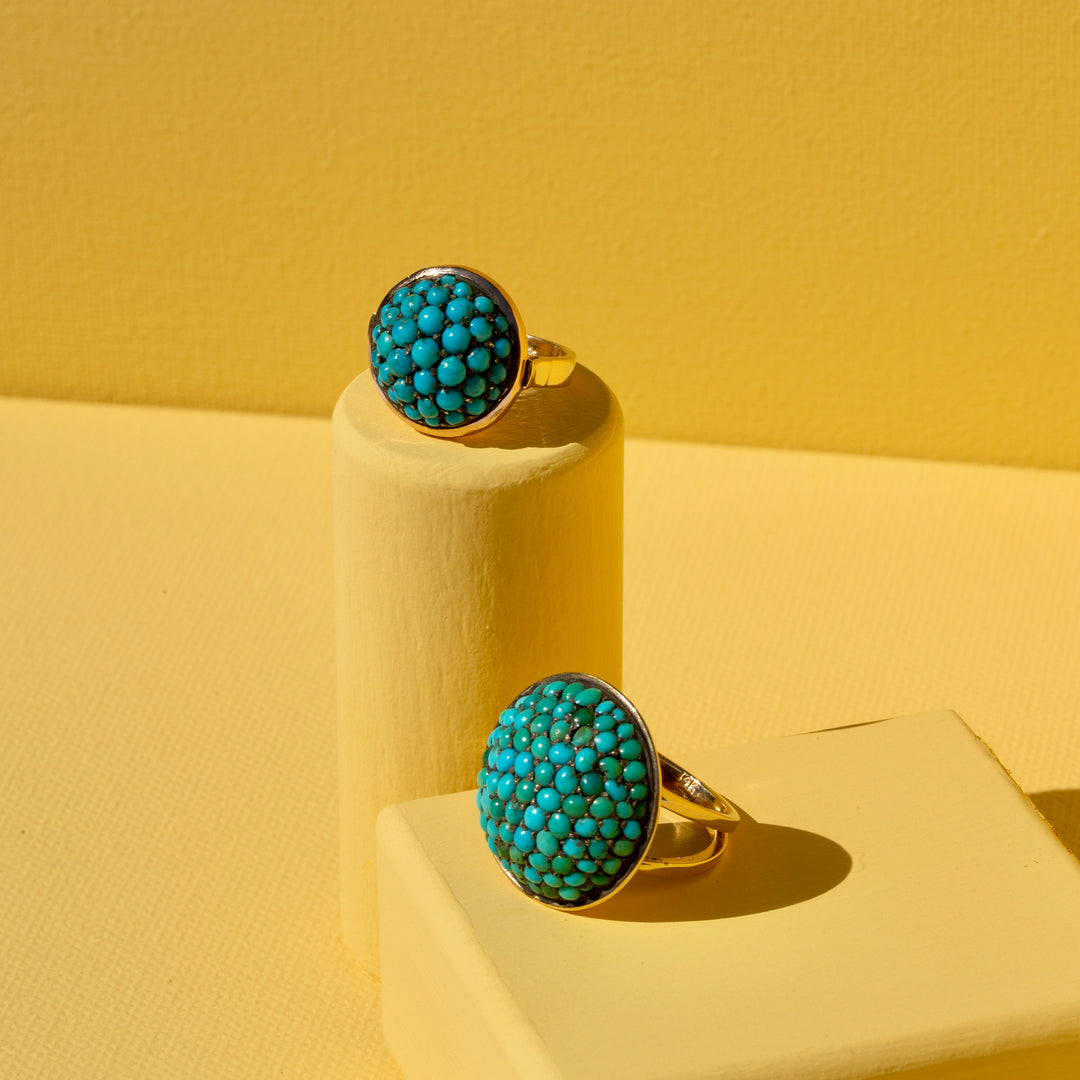 Victorian Large Turquoise Pavé, Silver, and 14k Gold Dome Ring