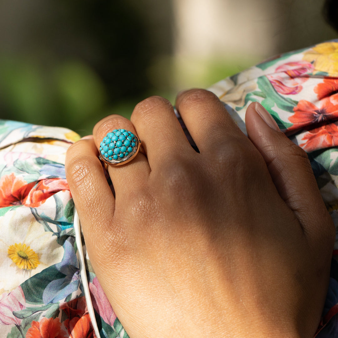 Victorian Pavé Turquoise, Silver, And 14k Gold Dome Ring