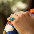 Victorian Pavé Turquoise, Silver, and 14k Gold Dome Ring