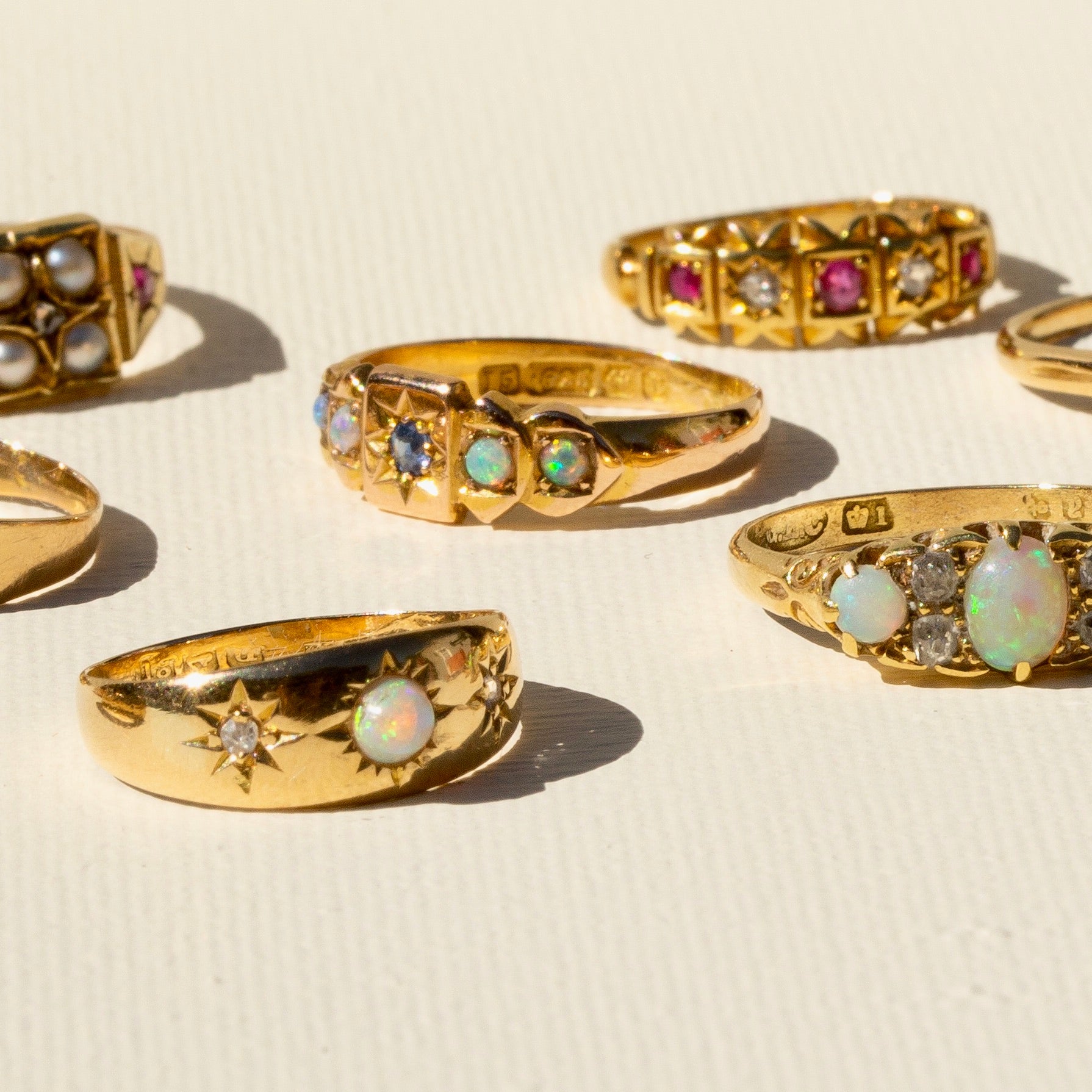 English Edwardian Sapphire, Opal, and 15k Gold Starburst Ring