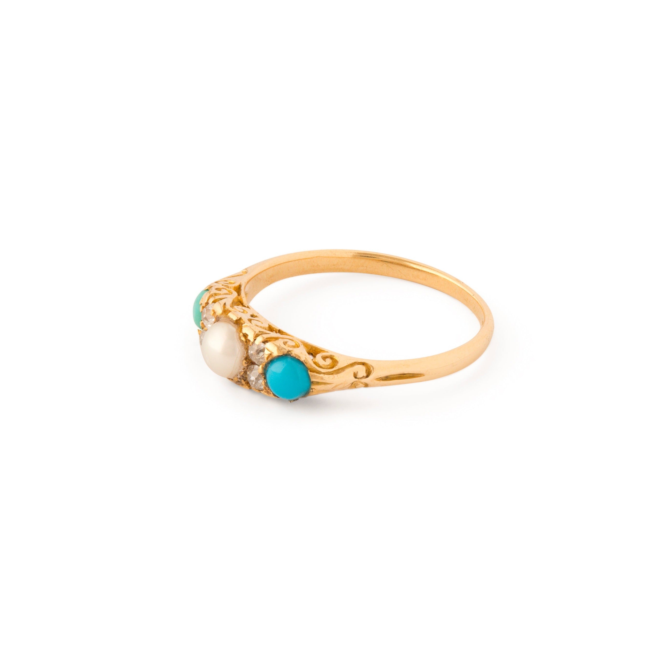 Victorian Pearl, Turquoise, and Diamond, 18k Gold Ring