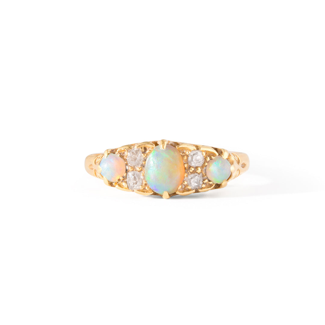 Victorian English Opal, Old Mine Cut Diamond, and 18k Gold Ring