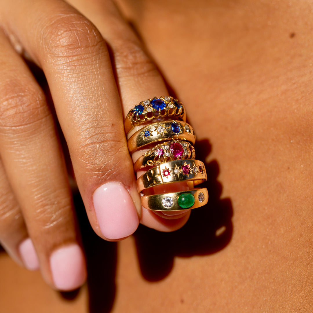 English Edwardian Sapphire, Rose Cut Diamond, and 18k Gold Ring