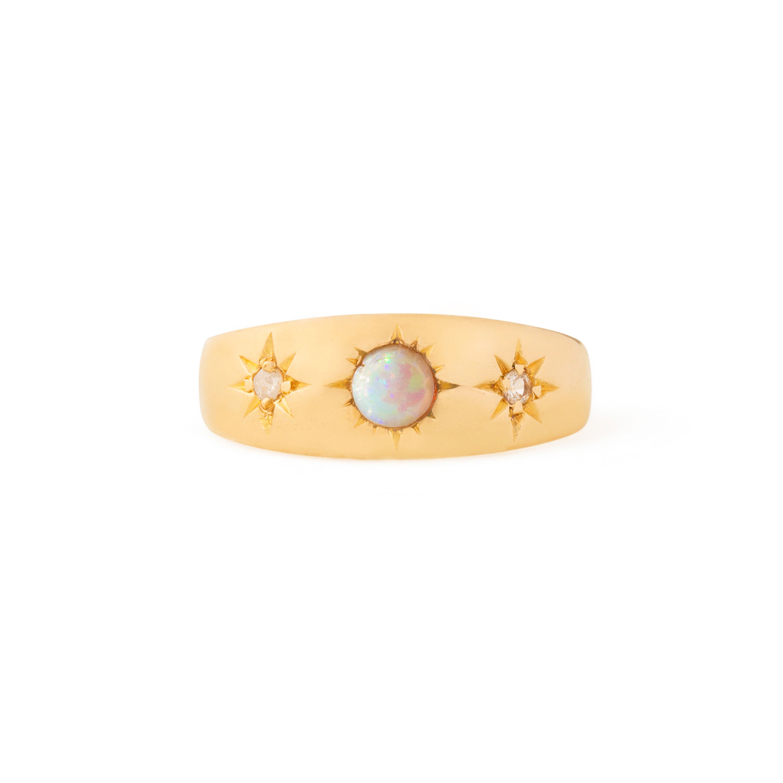 English Edwardian Opal, Diamond, and 18k Gold Starburst Ring