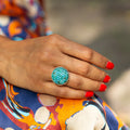 Victorian Large Turquoise Pavé, Silver, and 14k Gold Dome Ring