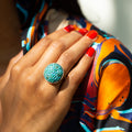 Victorian Large Turquoise Pavé, Silver, and 14k Gold Dome Ring