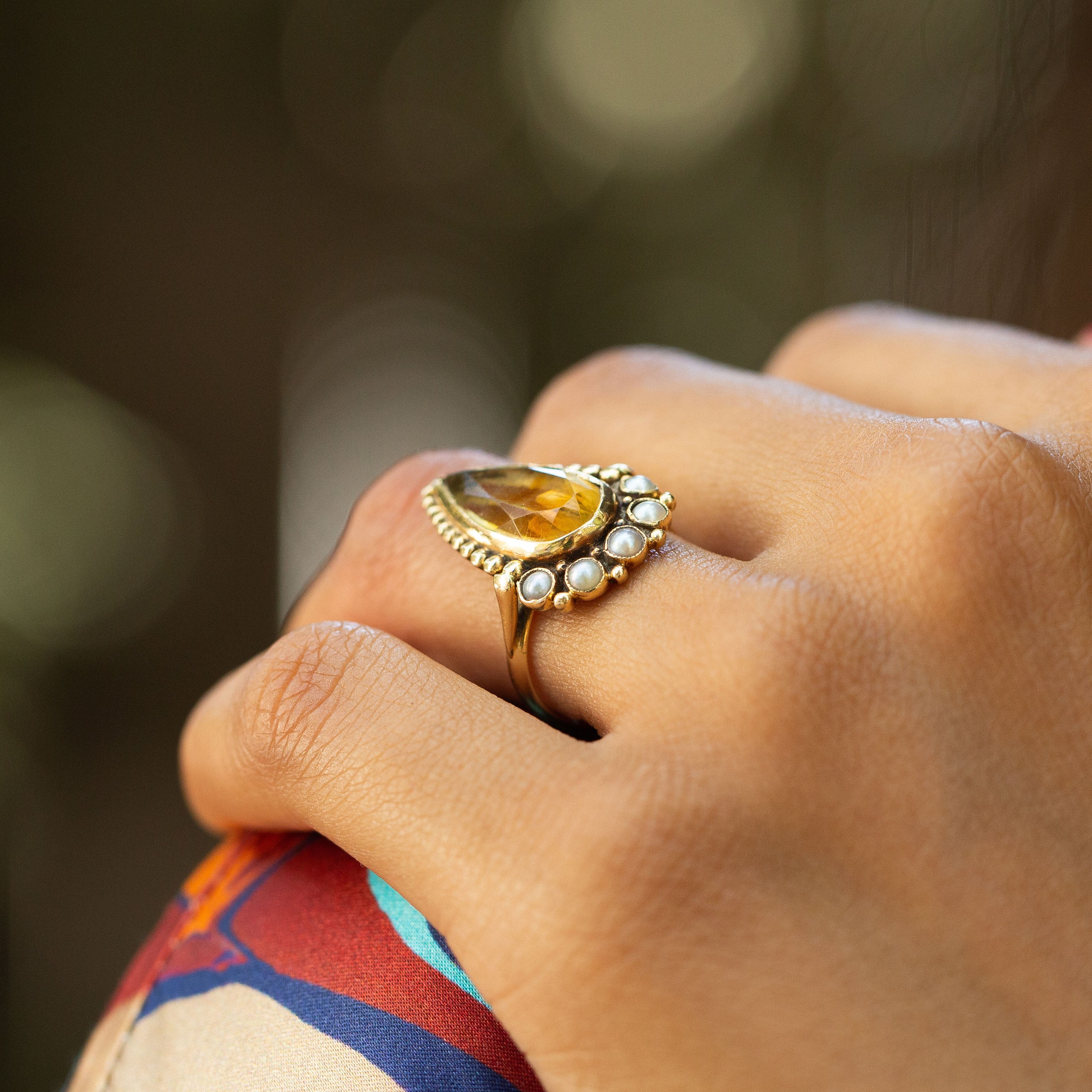 Dutch Citrine and Pearl Elongated Ring
