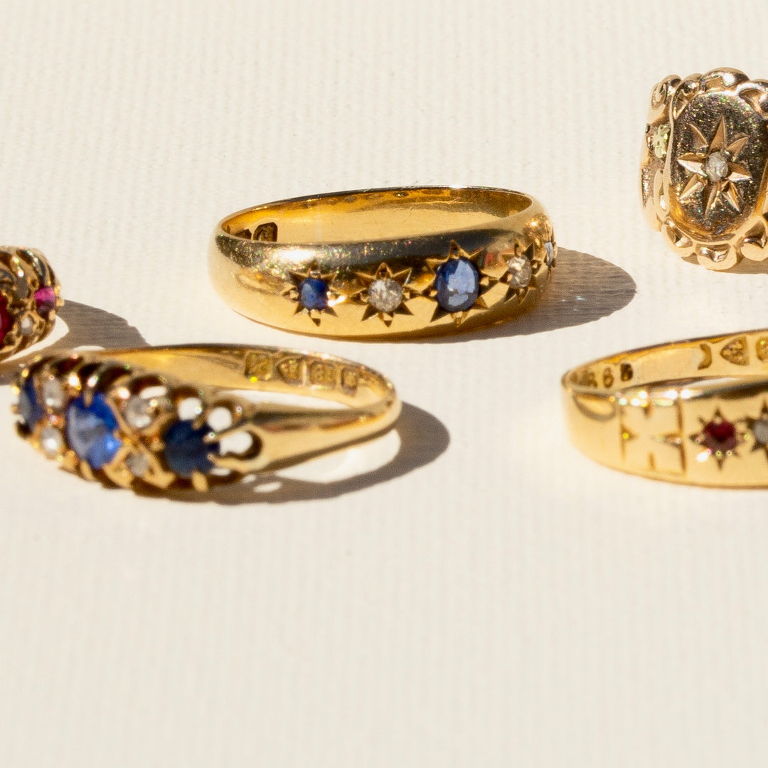 English Edwardian Sapphire, Diamond, and 18k Gold Starburst Ring