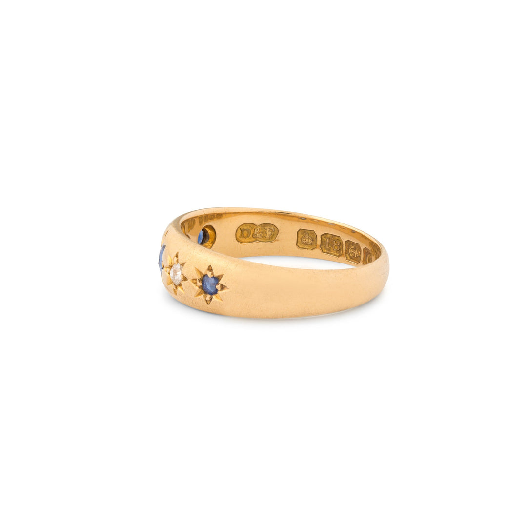 English Edwardian Sapphire, Diamond, and 18k Gold Starburst Ring
