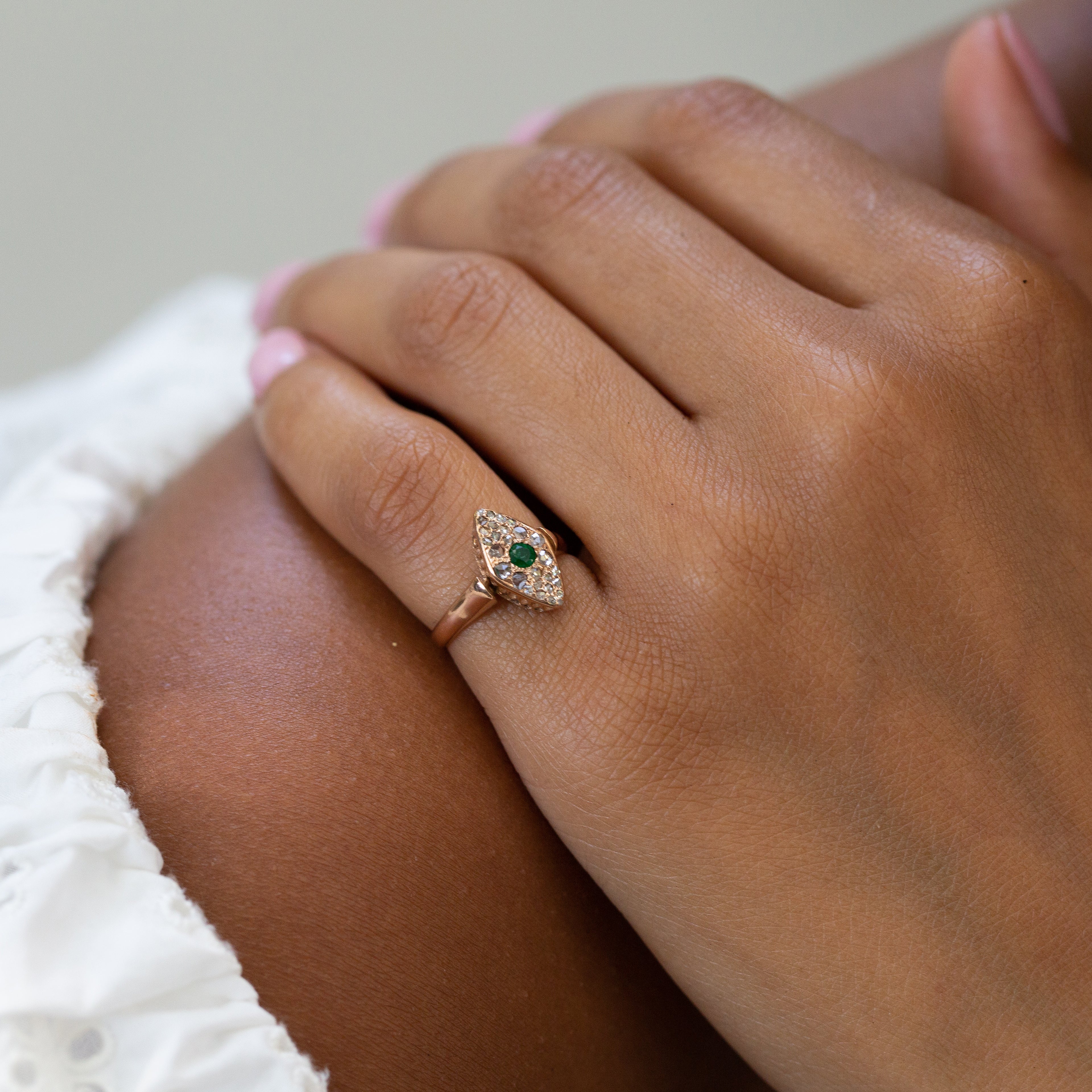 Victorian Emerald, Diamond, and 18k Gold Navette Ring