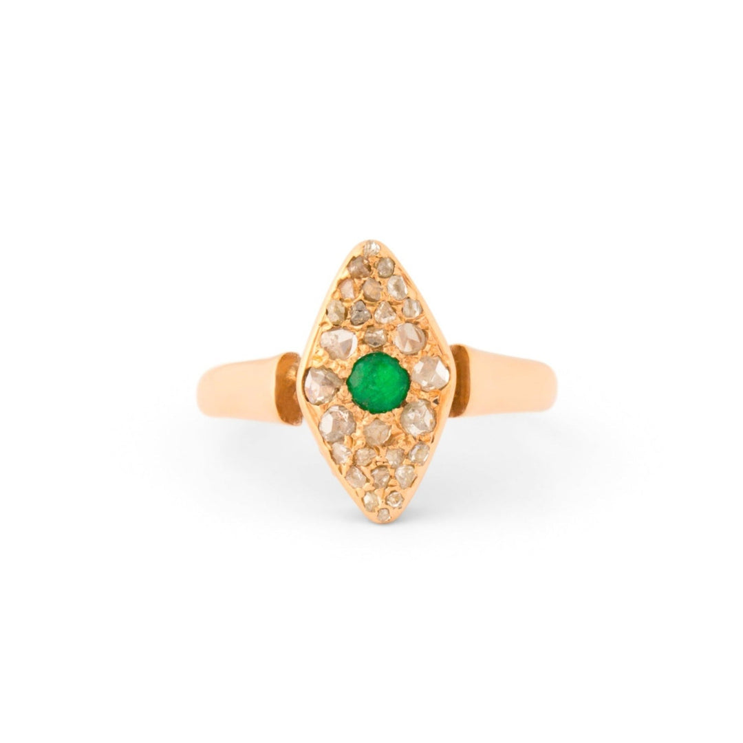 Victorian Emerald, Diamond, and 18k Gold Navette Ring