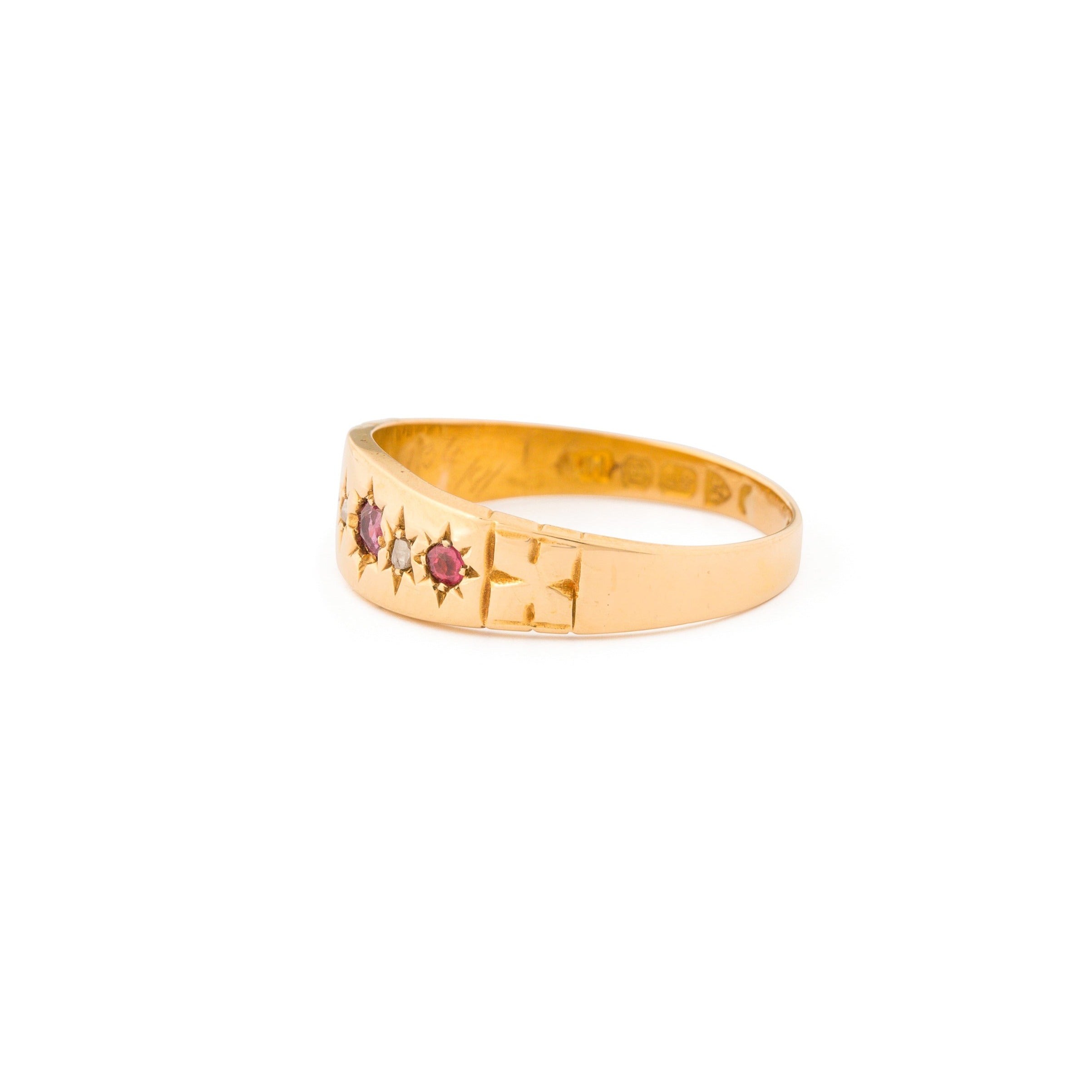English Edwardian Ruby, Diamond, and 18k Gold Starburst Ring