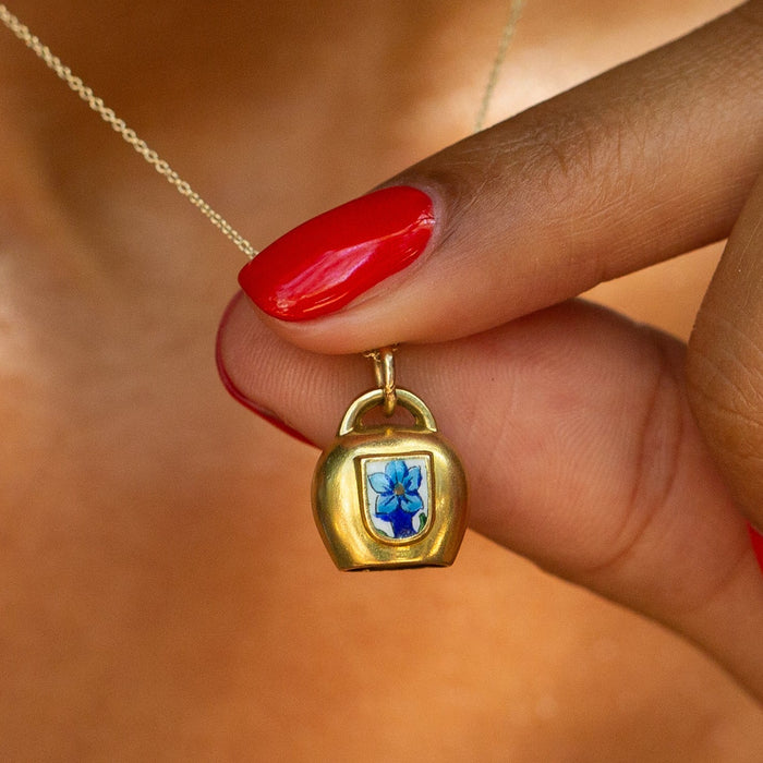 Enamel Forget-Me-Not Flower and 18k Gold Bell Charm
