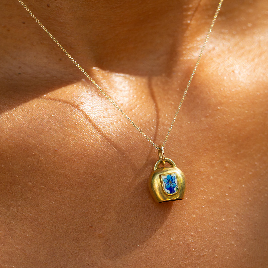 Enamel Forget-Me-Not Flower and 18k Gold Bell Charm