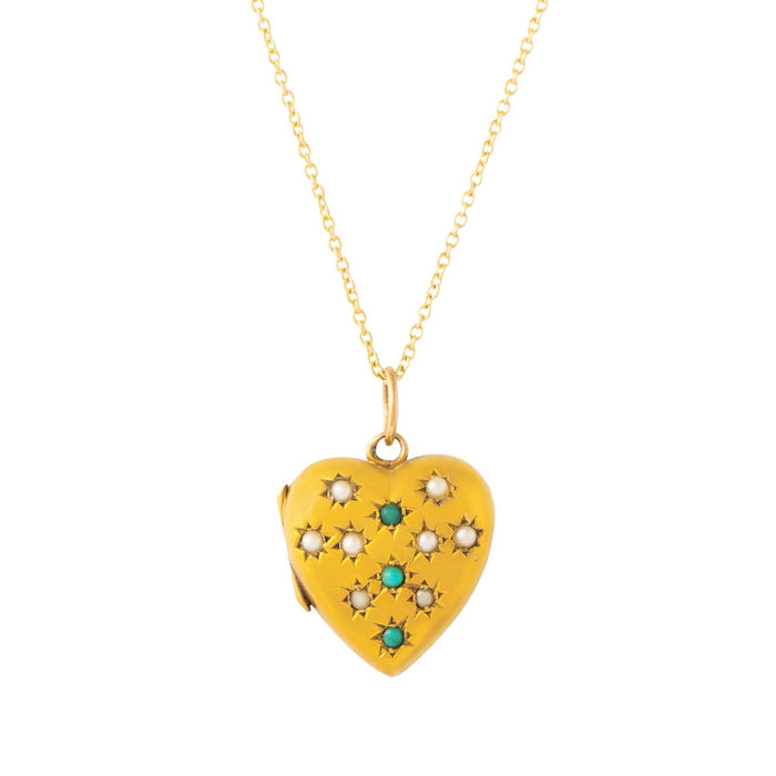 Victorian Turquoise, Pearl, and 14k Gold Heart-Shaped Locket