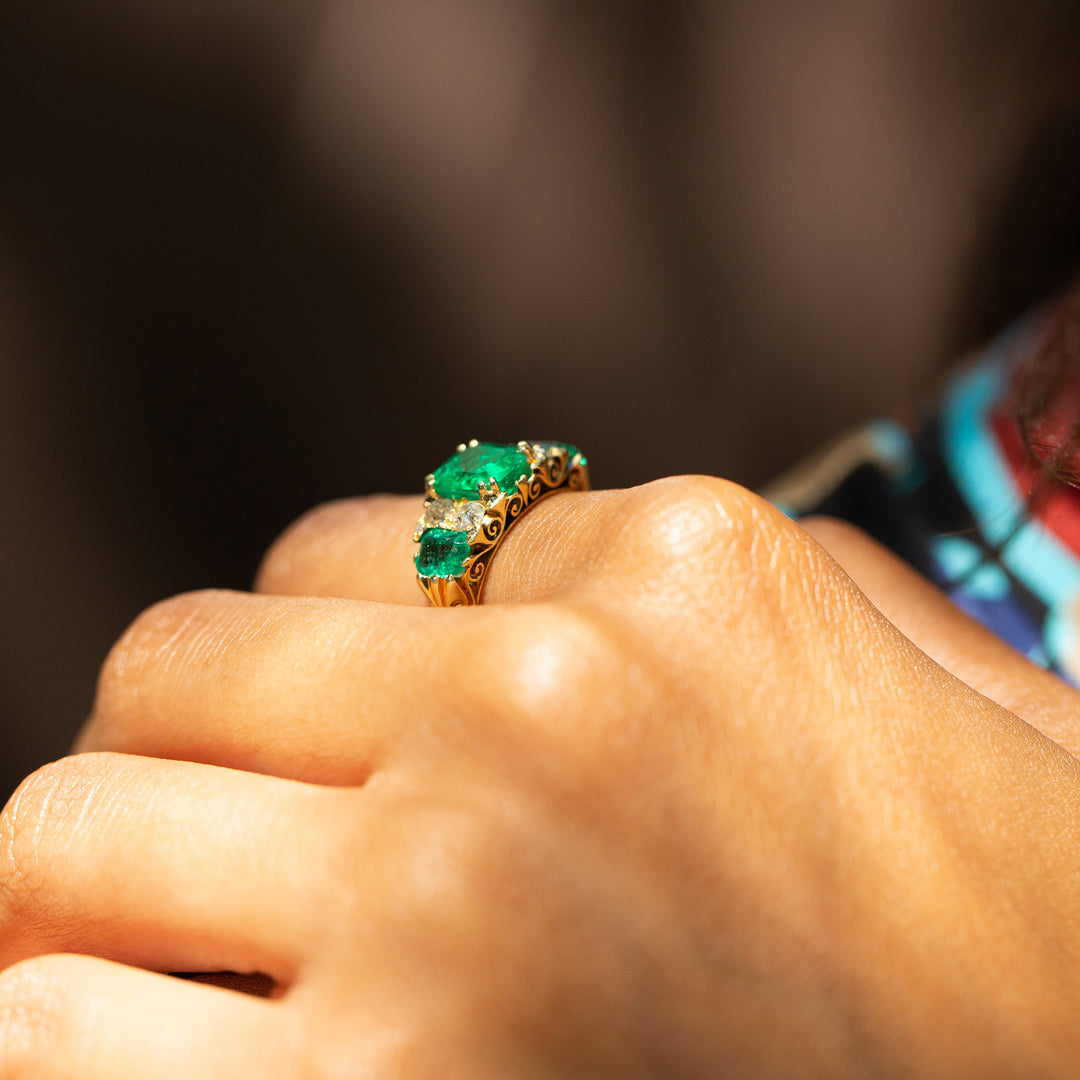 Victorian Three-Stone Emerald, Diamond, and 18k Gold Ring