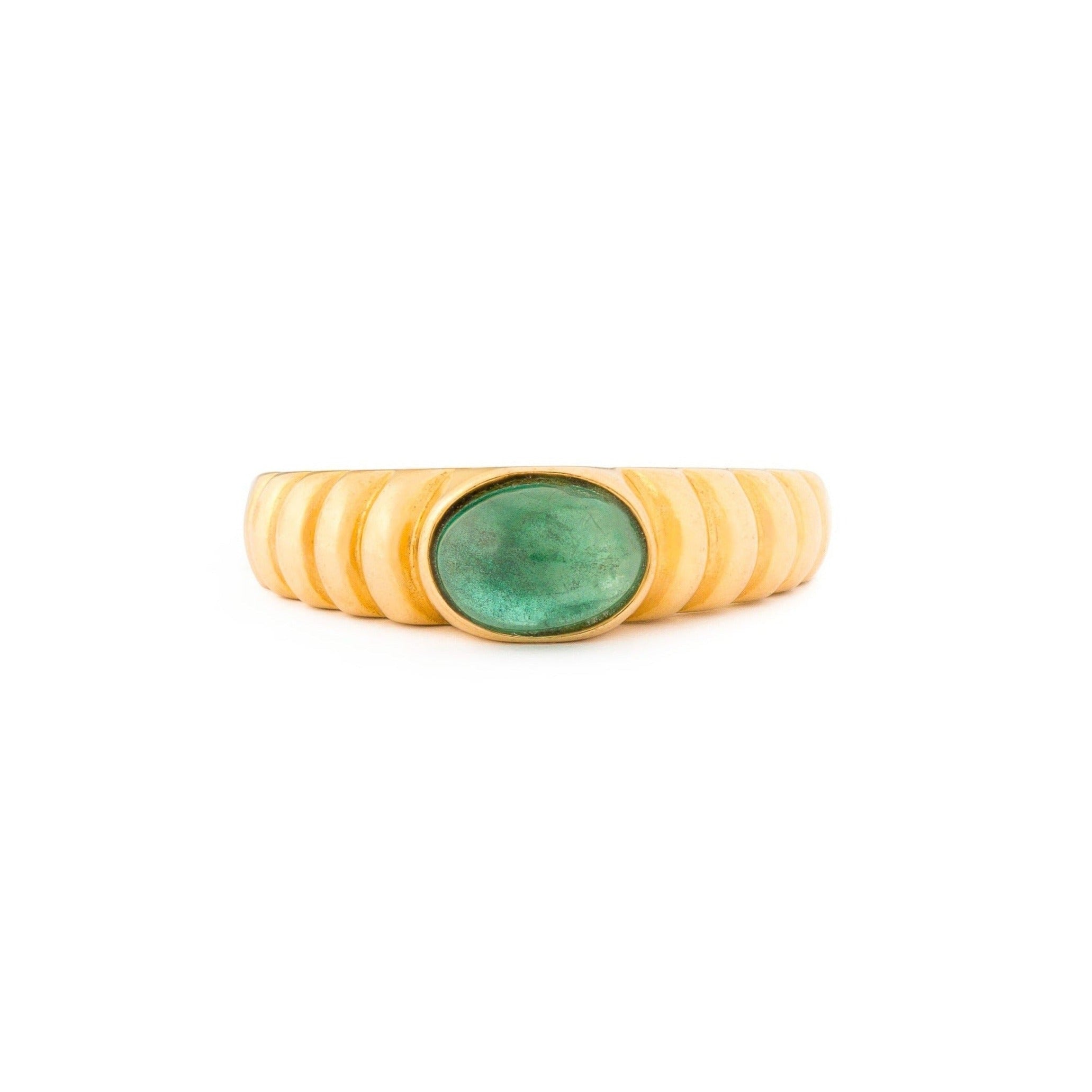 Emerald Cabochon And 14k Ribbed Gold Ring