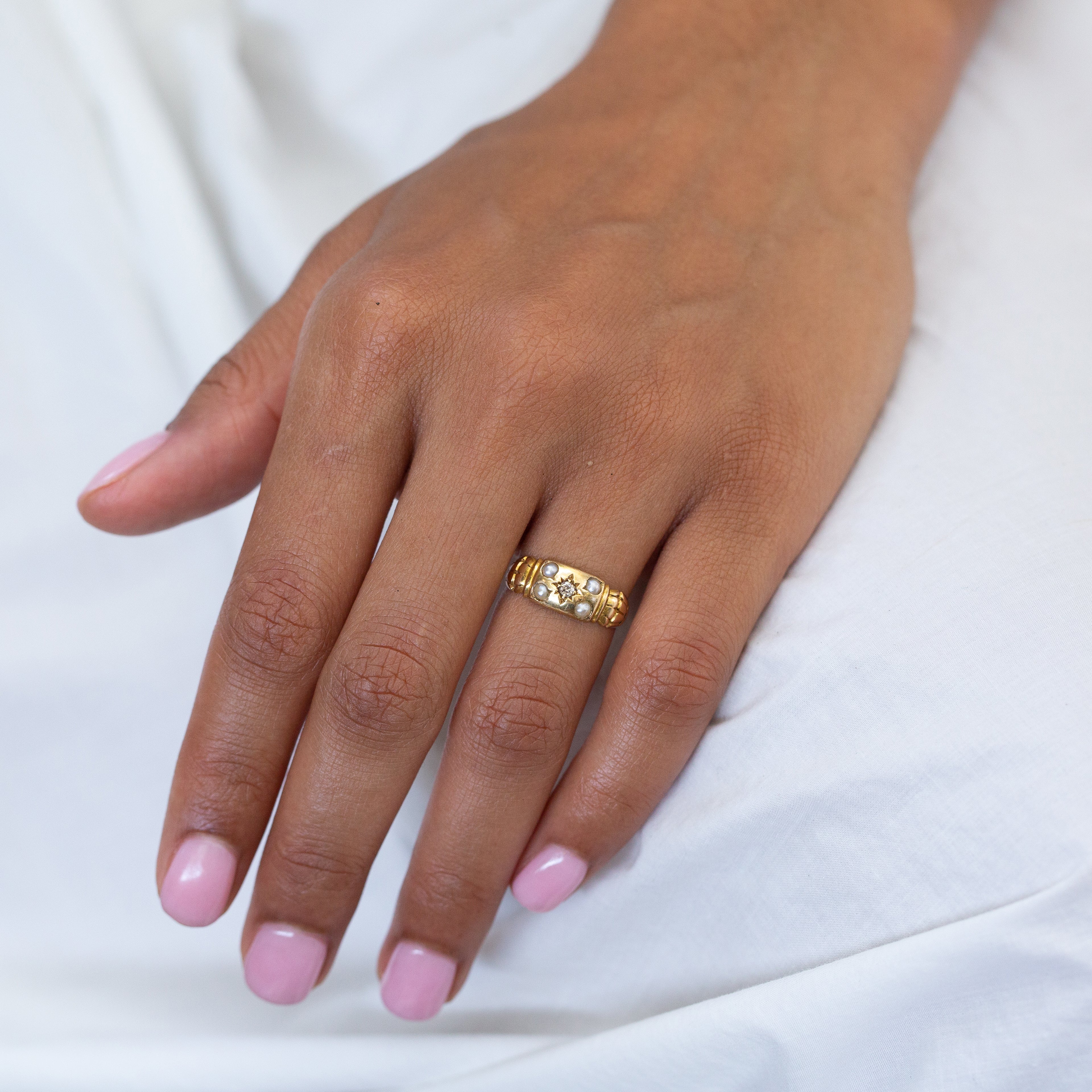 English Edwardian Old Mine Cut Diamond, Pearl, and 18k Gold Ring